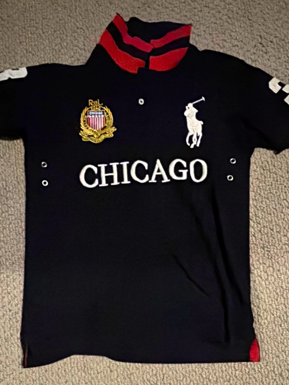 Ralph Lauren Navy Polo with White CHICAGO Embroidery and Red-Striped Collar